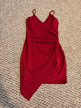 Red Asymmetric Slip Dress with Spaghetti Straps